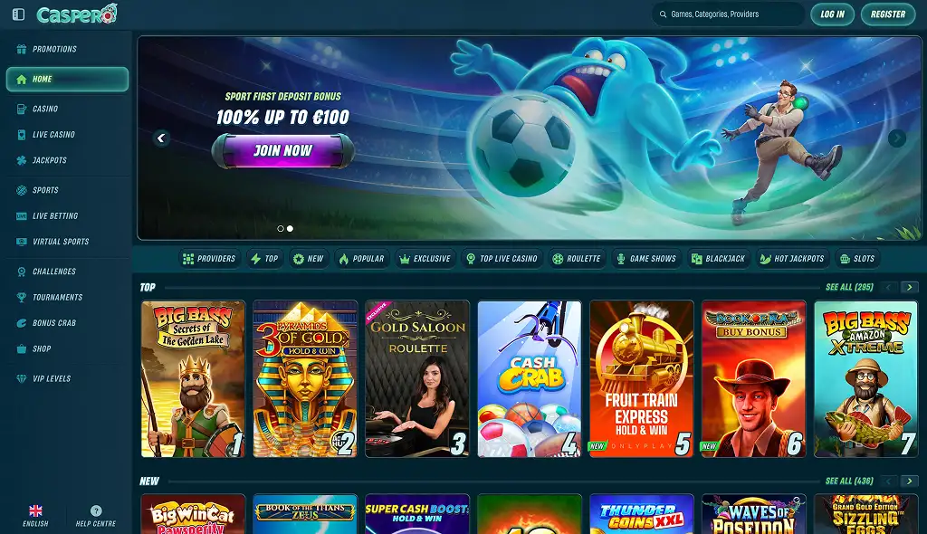 Screenshot of the current Caspero Casino homepage interface